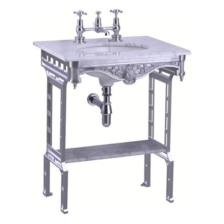 Carrara marble top & basin with brushed aluminium washstand (shown without back and side splash) & shelf